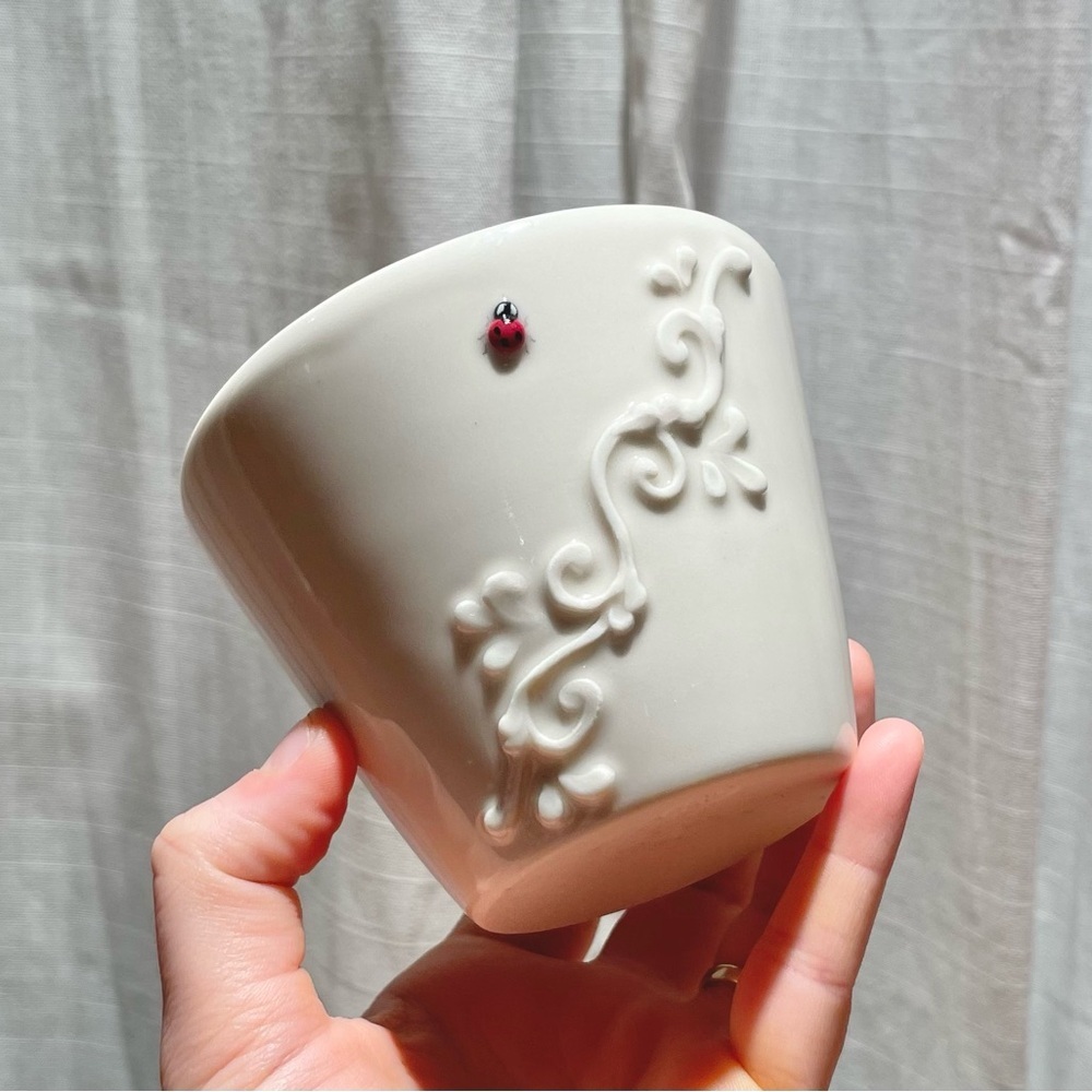 JaM PDX White Handmade Martini Cups Stemless Plant Pot Lady Bug Ceramic Pottery
